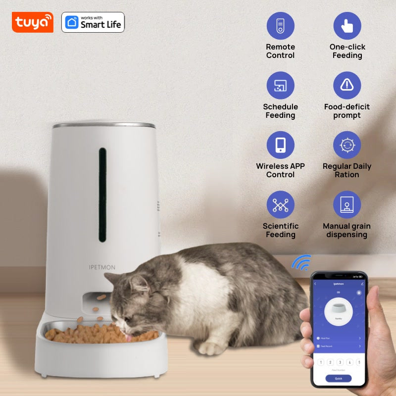 Wi-Fi Enabled 4L Pet Feeder for Cats and Dogs,APP Control,Stainless Steel Bowls,Low Food Alarm,For IPETMON/Tuya /smart lifeAPP