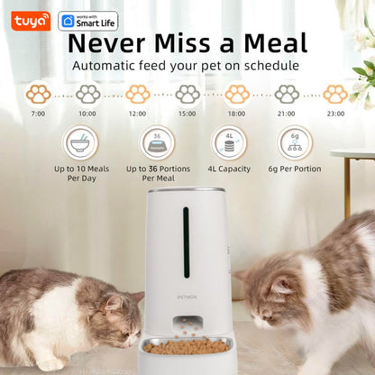 Wi-Fi Enabled 4L Pet Feeder for Cats and Dogs,APP Control,Stainless Steel Bowls,Low Food Alarm,For IPETMON/Tuya /smart lifeAPP