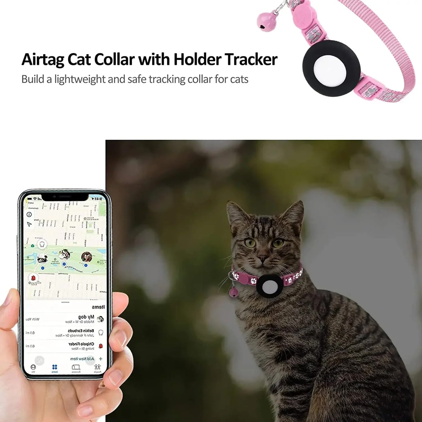 Dog Gps Trackers Collar Mini Pet Tracker Reflective Breakaway Airtag Cat Collar with Bell Airtag Dog Collar Holder Waterproof